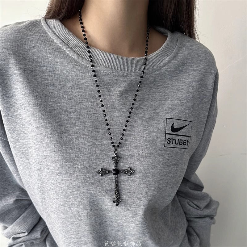 ゴシック風の黒いクロスのネックレスの女性秋冬のセーターのチェーンの長いタイプの軽くて豪華な高級感の亜比の装飾|undefined