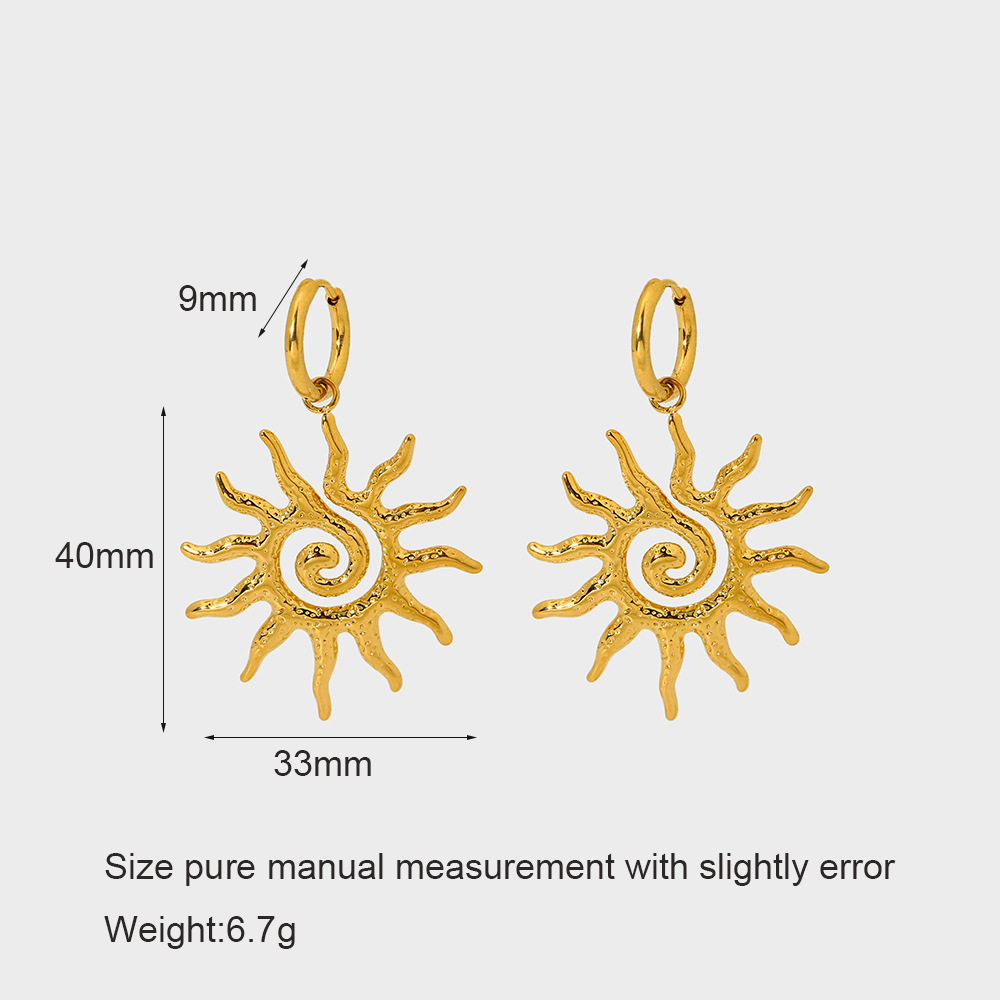 11g Weight 0.03µm-0.05µm Gold Plating Thickness 1 Pair Vintage Style Classic Style Sun 304 Stainless Steel 18K Gold Plated Drop Earrings