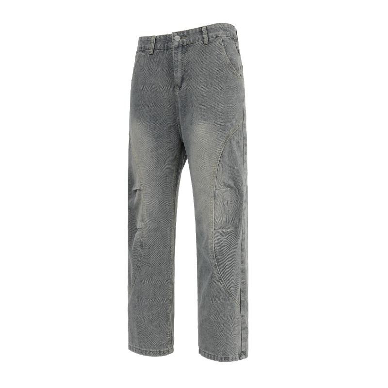 Men's Retro Patchwork Curved Blade Jeans mid Waist Loose Straight Leg Slightly Flared Pants Autumn/Winter American Style Blue_mkmklike.com