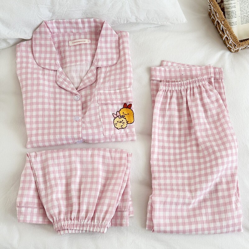Cute Corner Creature Pajamas for Women, Summer Cool Cloud Cotton Short-Sleeve Long Pants Three-Piece Set, Thin Plaid Loungewear