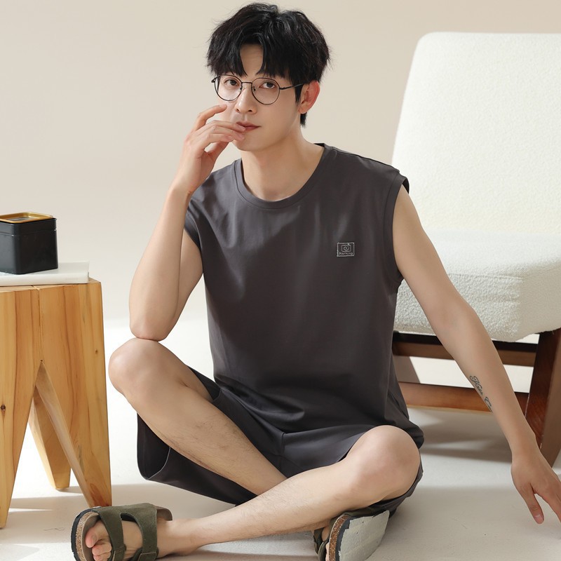 모달 파자마 남성 여름 조끼 반바지 청소년 겉으로 입을 수 있는 얇은 홈웨어 세트 여름 얇은