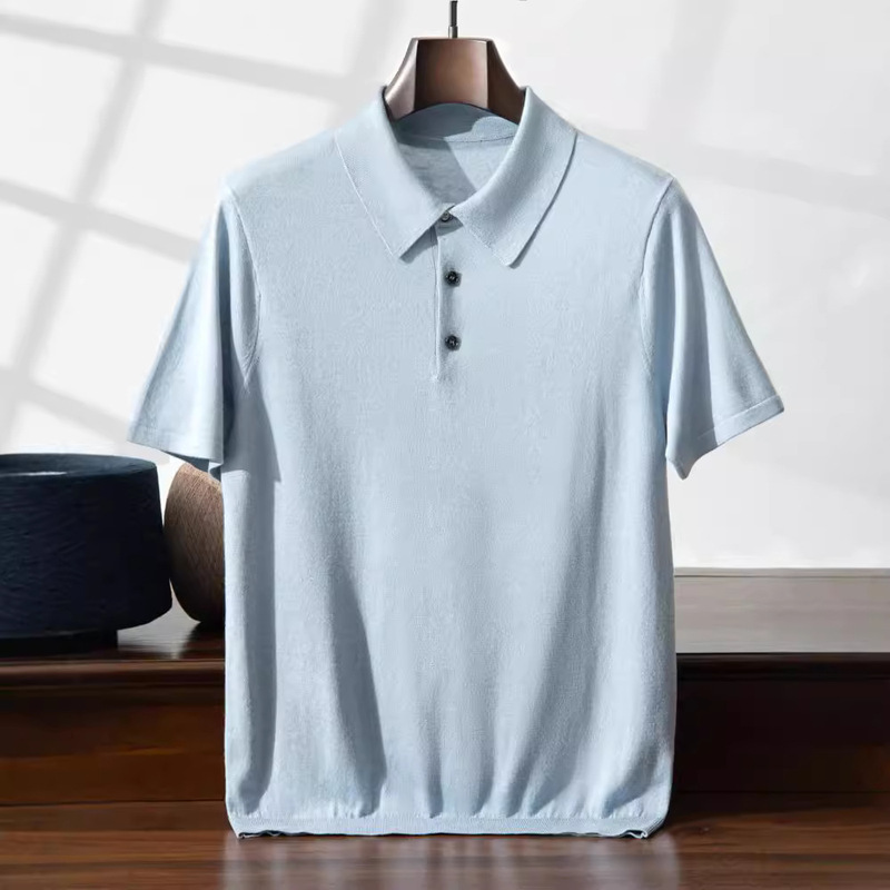 夏の新製品85% 绢糸15% カシミヤ精模造ニットPOLO襟薄い半袖男性tシャツシャツ|undefined