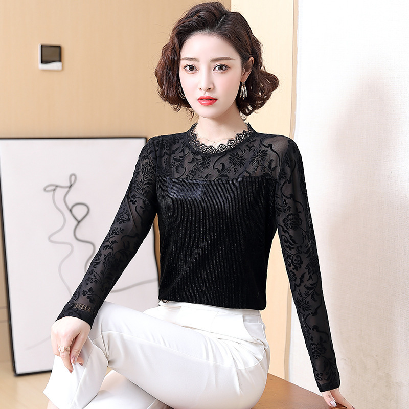 Base Shirt Women's Spring and Autumn 2022 Western Style Autumn New Mesh Lace Top Black Inner Stretch Long Sleeve T-shirt Base Shirt Women's Spring and Autumn 2022 Western Style Autumn New Mesh Lace Top Black Inner Stretch Long Sleeve T-shirt