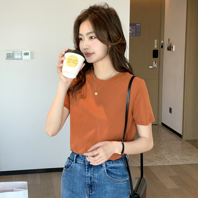 女性用右肩白綿半袖Tシャツ黒夏薄手ゆったり無地ベーシックシンプルスリムトップ|undefined