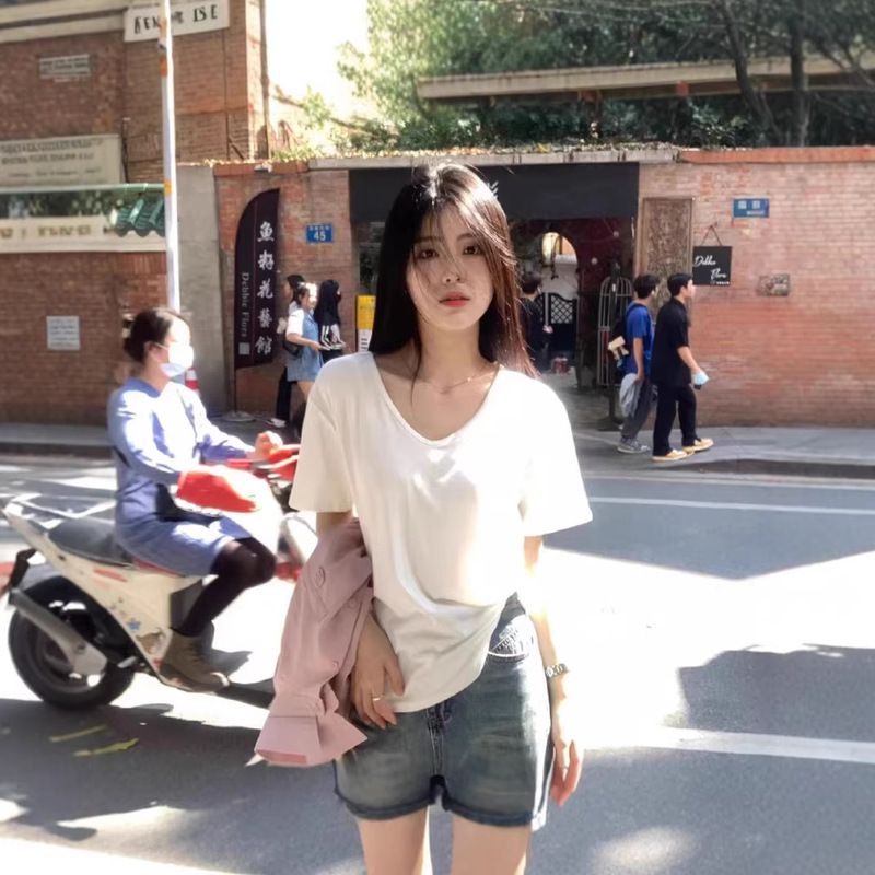 [Dropshipping] Solid Color Large Neckline Short-Sleeve T-Shirt for Women, Loose Casual Slimming V-Neck Base Shirt Trendy Brand