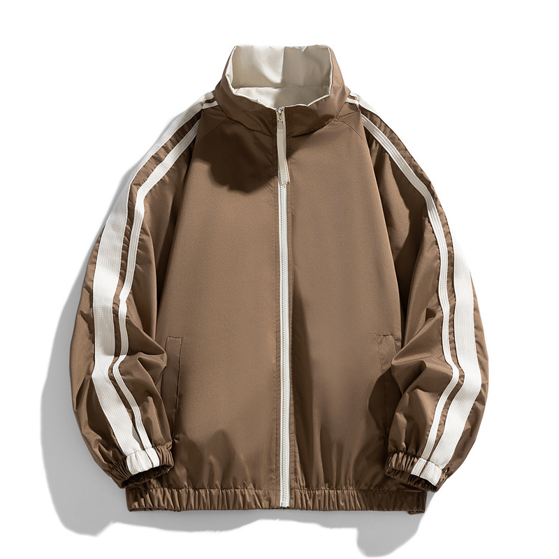 Cross-Border Spring and Autumn New Reversible Jacket for Men with Stand Collar, Trendy Striped Fashion Versatile Coat, Windproof and Waterproof Softshell Jacket