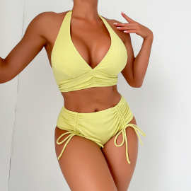 2024新款欧美分体泳衣女性感露背纯色挂脖比基尼亚马逊外贸bikini