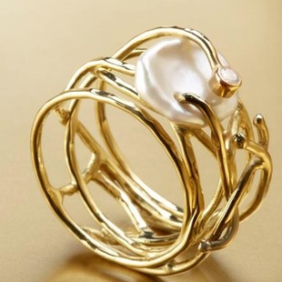 Cross-border French Geometric Baroque Hollow White Irregular Pearl Ring Creative Personalized Trendy Jewelry