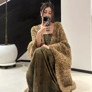 跨境复古慵懒风彩纱中长款口袋针织开衫女秋冬显瘦百搭厚毛衣外套