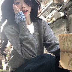假两件慵懒风毛衣女秋冬穿搭内搭打底长袖上衣宽松外套灰色针织衫