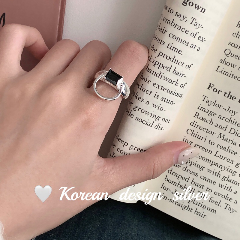 韓國亮面ins風銀飾品 S925純銀方形黑瑪 瑙鏤空圓戒指 可調節指環