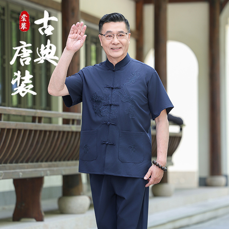 Men's Tang-style summer short-sleeved suit for middle-aged and elderly men, Chinese style casual loose suit, morning exercise, button-down clothing
