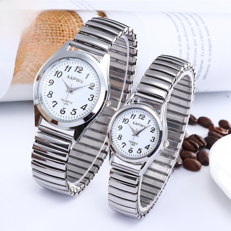 指针xapwv经典大盘石英手表松紧弹力带中老人数字面男女情侣手表
