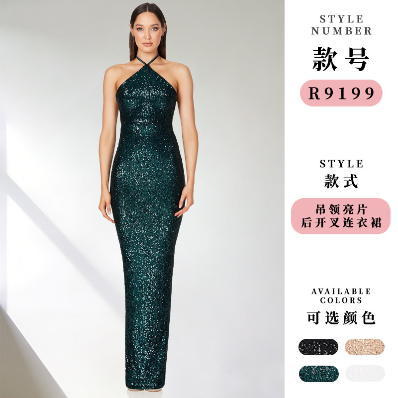 European and American Cross-Border Women's Sequined Slit Dress, Summer Long Dress, Foreign Trade Sleeveless Halter Neck Party French Dress