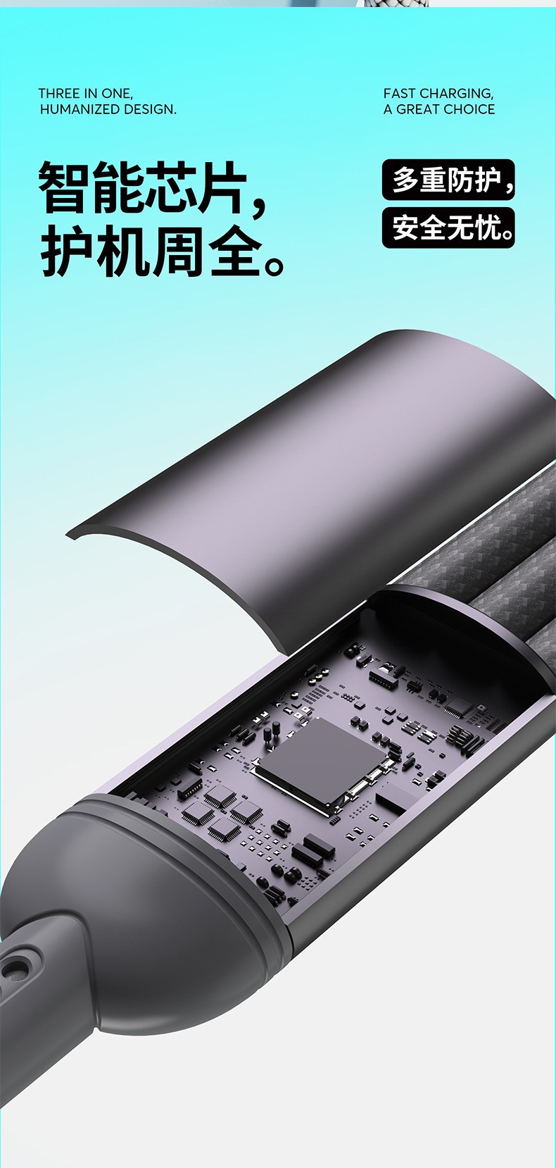 100W İkiye Üçlü Süper Hızlı Şarj Veri Kablosu Üçü Bir Arada Metal Huawei Apple Örgülü Hediye Şarj Kablosu