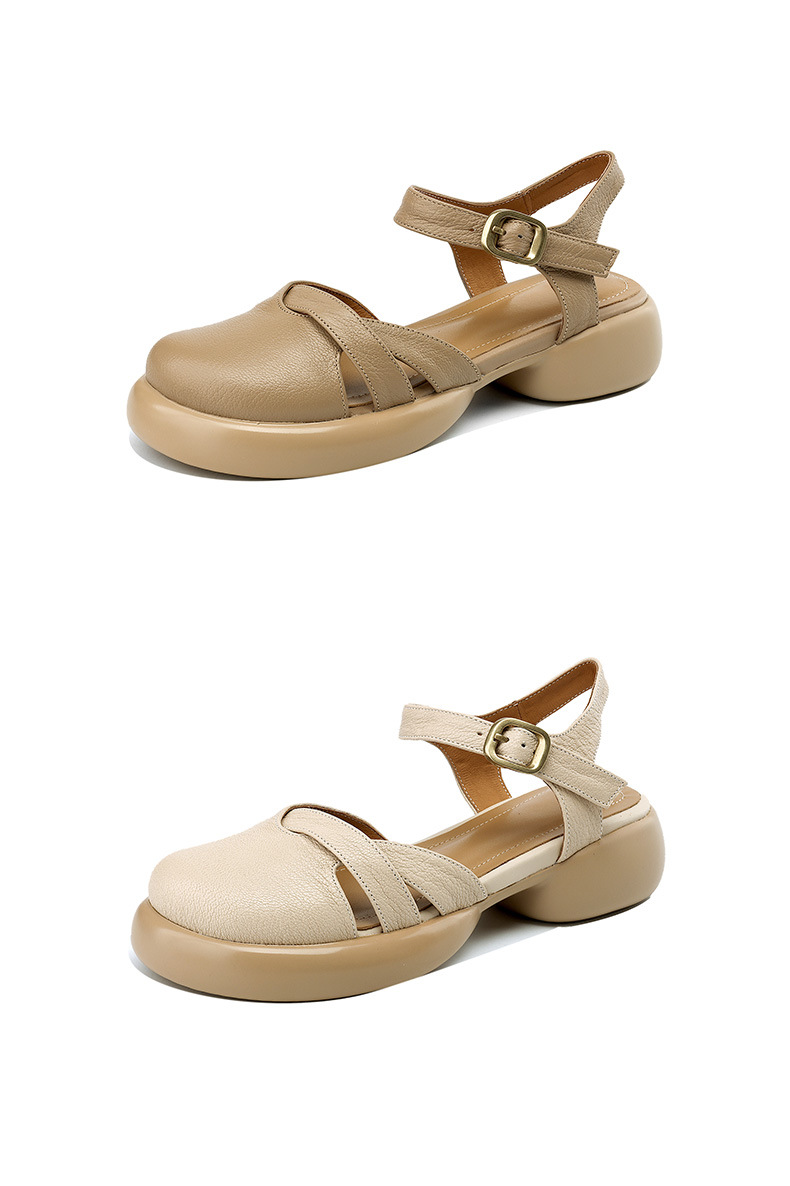 Sandal nữ quai ngang hở lưng mũi tròn đế dày da thấp — Màu trắng be chi tiết 18