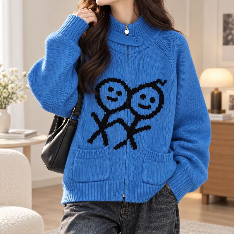 2026 Autumn/Winter Hot-Selling Trendy Stickman Style High-Neck Zipper Pocket Knitted Sweater Cardigan for Women
