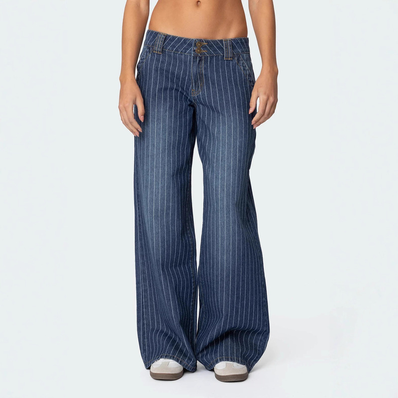 European and American Cross-Border Low-Waist Striped Jeans, New Autumn Style, Retro Street Casual Loose Denim Wide-Leg Pants