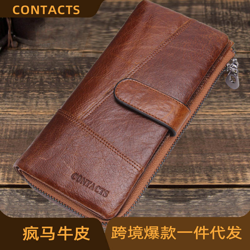 黑天使工厂货源长款头层牛皮男士钱包时尚休闲多功能真皮手拿包
