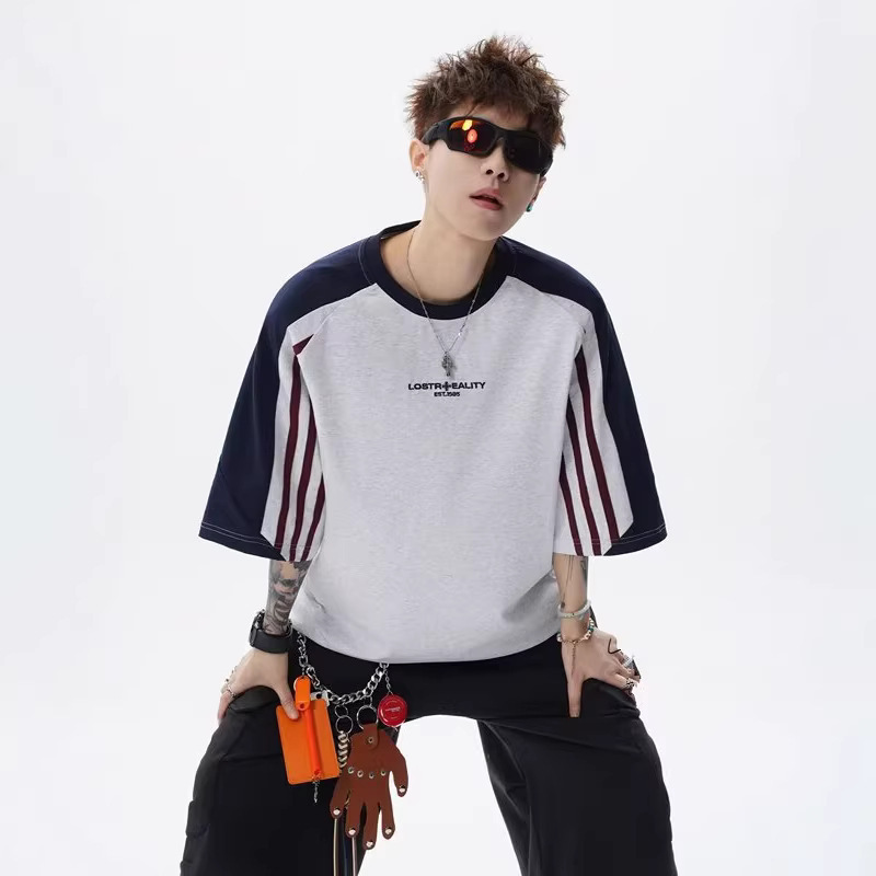 American-Style Embroidered Raglan Striped Sports Short-Sleeve T-Shirt for Men, 2026 Summer Heavy-Duty Color-Block Round Neck Half-Sleeve Top American-Style Embroidered Raglan Striped Sports Short-Sleeve T-Shirt for Men, 2026 Summer Heavy-Duty Color-Block Round Neck Half-Sleeve Top
