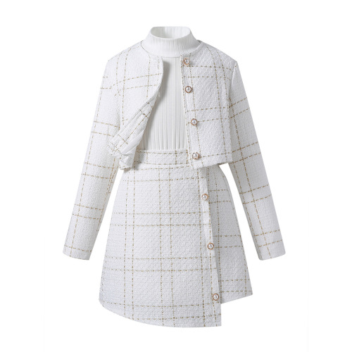 Girls' 2024 Spring Cross-Border Petite Chanel-Style Plaid Irregular Skirt Set | Three-Piece European & American-Style Kids' Clothing