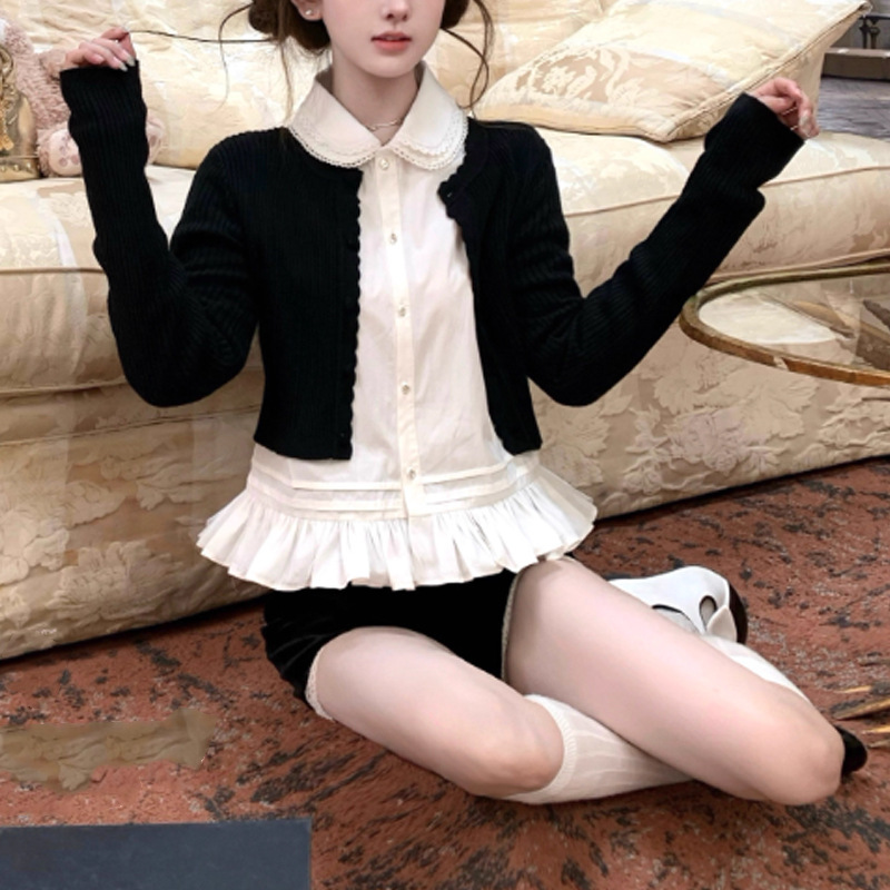 JUEMEI 25/fw 绢羽笔尖 小卓花边拼纱下摆刺绣领白衬衫上衣甜美风|undefined