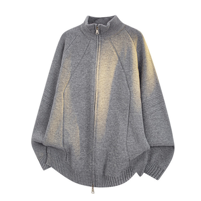 Nasa Japanese-Style Casual Sweater for Men and Women, Autumn and Winter Knit Cardigan with Double Zipper, Trendy Stand-Up Collar, Solid Color Top
