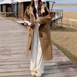 【糖炒栗子】正反两穿复古格纹牛角扣双面羊毛大衣直筒大衣外套女