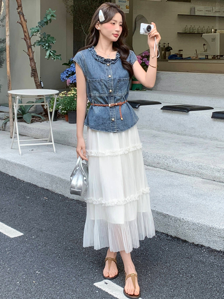 Bộ yếm quần denim không tay kết hợp chân váy ngắn nữ 2 món mùa hè 2026 — Màu ảnh