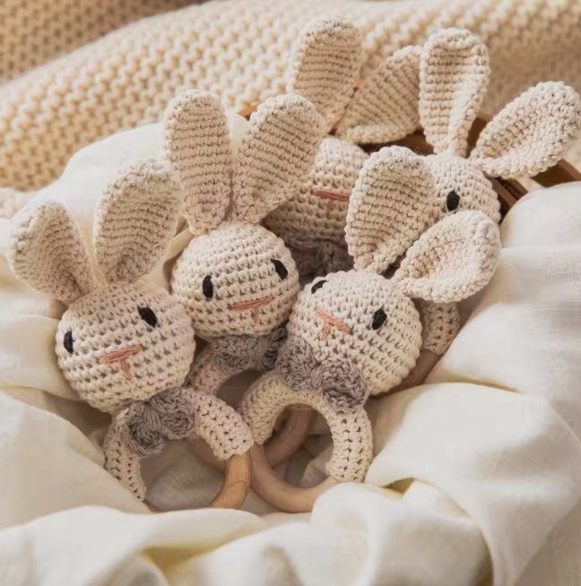 Bebé crochet jingle madera ganchillo hecho a mano conejito sonajero juguete sonajero bebé juguete Baoan