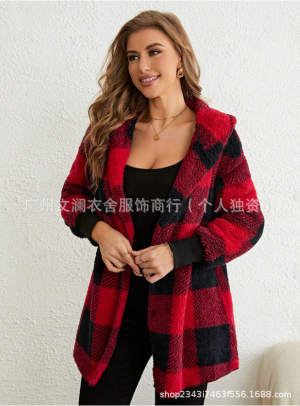 2025亚马逊跨境新款欧美外套宽松格纹拼色针织开衫时尚外贸毛衣女|undefined