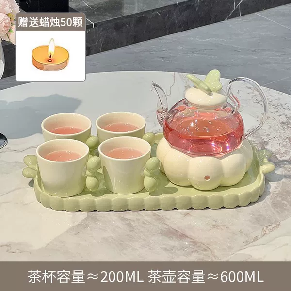 Green flavored tea with butterfly, tea set, candle, 50 pieces