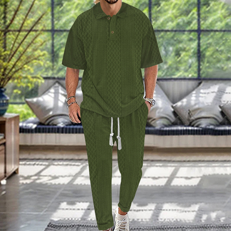Conjunto de ropa de hombre transfronterizo de verano europeo y americano de color sólido cuello redondo de manga corta deportiva de comercio exterior camiseta de pantalones largos de dos piezas para hombres
