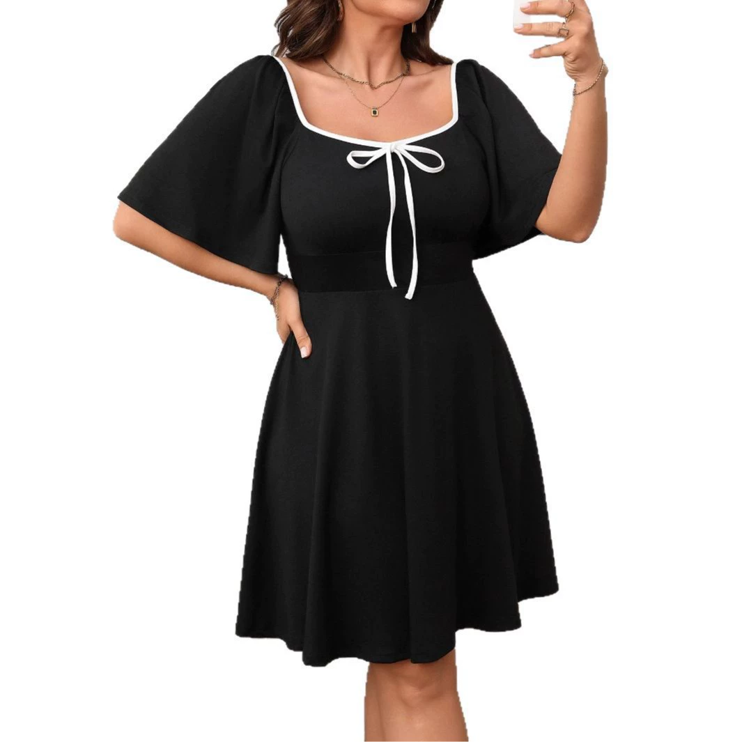 Длинное платье женское европейского стиля, plus size 1XL–4XL, короткие рукава, квадратный вырез с бантом