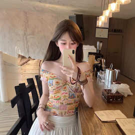 法式复古油画花卉印花短袖T恤女夏季辣妹性感扭结v领修身短款上衣