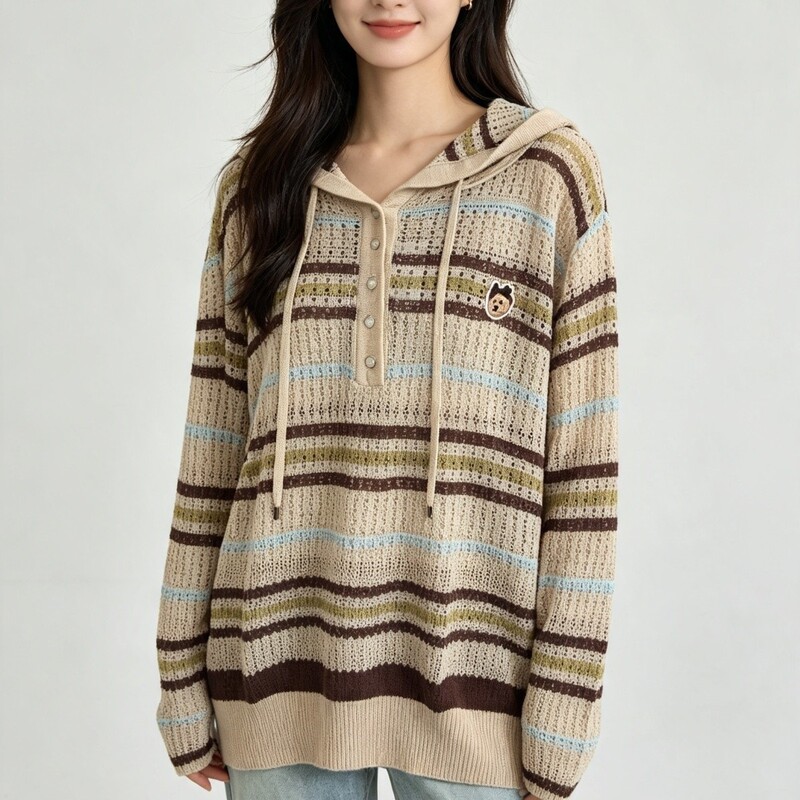 Hooded Sweater Cardigan 2026 Summer New Fashionable Striped Knit Pullover Sun Protection Jacket