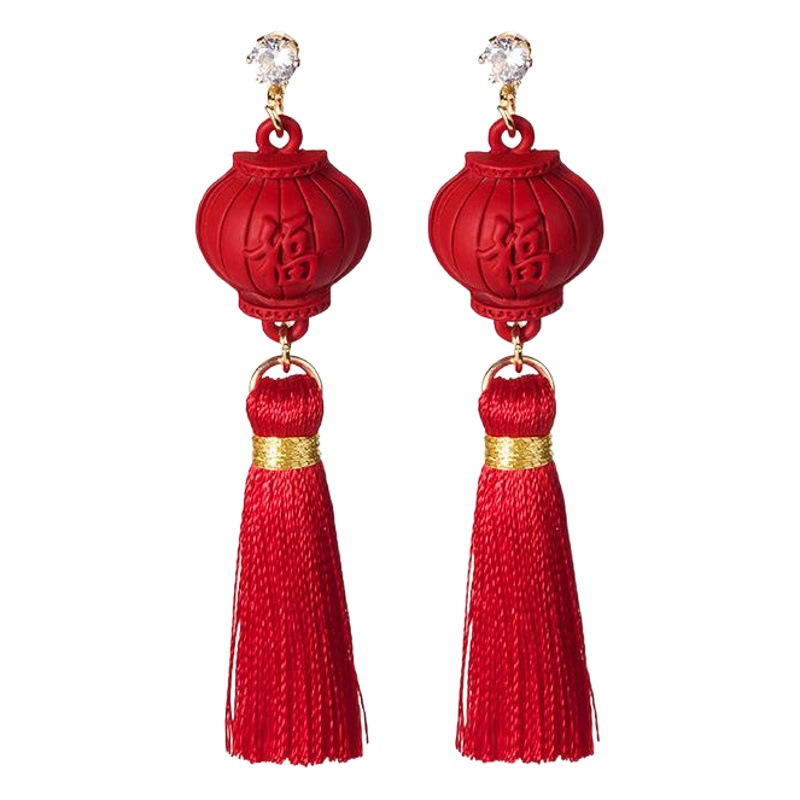 925 aguja de plata festivo rojo nupcial pendientes en forma de XI nudo chino suerte gato linterna borla pendientes de Año Nuevo