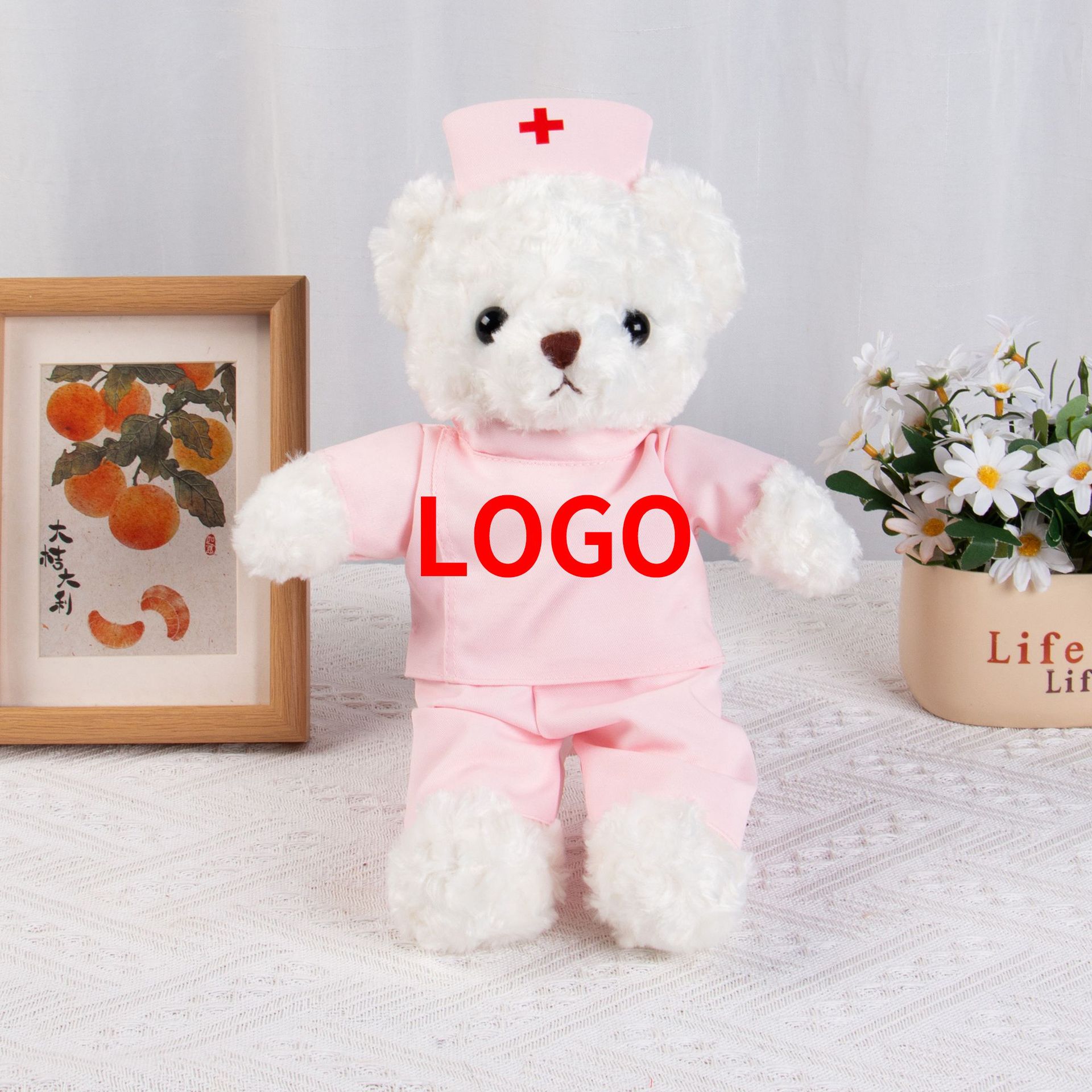 Graduado médico oso muñeca chaqueta blanca uniformes de enfermería muñeca oso regalos de actividad logotipo imprimible juguetes de peluche