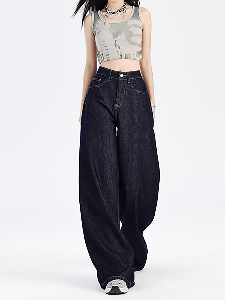 Spring and Autumn American-Style Dark Blue Jeans for Women 2026 New Model Petite High-Waisted Slimming Straight Loose Wide-Leg Pants