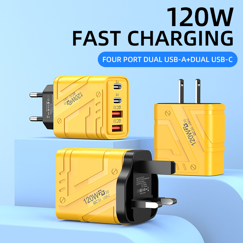 Nuevo cargador de teléfono móvil dual PD dual USB transfronterizo, cabezal de carga rápida estándar europeo y americano de cuatro puertos, adecuado para Huawei Apple