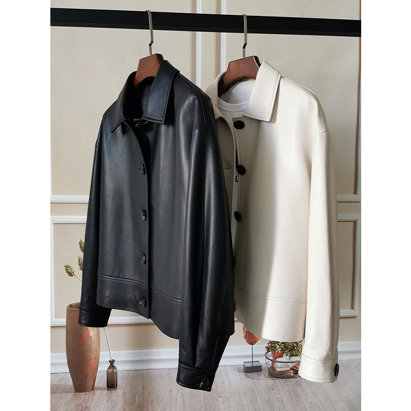 Sheepskin Genuine Leather Jacket for Women, Black and White Motorcycle Jacket, Spring Women's Short Style 2026 New