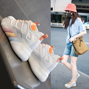 Summer Casual Inner Height Increasing Women's Shoes Genuine Leather Dad Shoes Autum Waterproof Platform Mesh White Student Baotou Flats Bottom