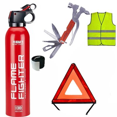 for car, car, household water-based: Vehicle fire extinguisher - fire-extinguisher-triangle-warning-sign-safety-hammer-collection-products-to-send-reflective-clothing