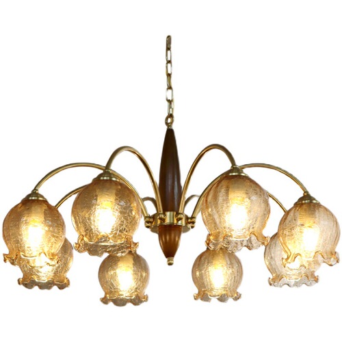 Chinese antique living room chandelier creative solid wood dining room bedroom lamp Japanese retro American-style guesthouse copper-colored floral glass lamp