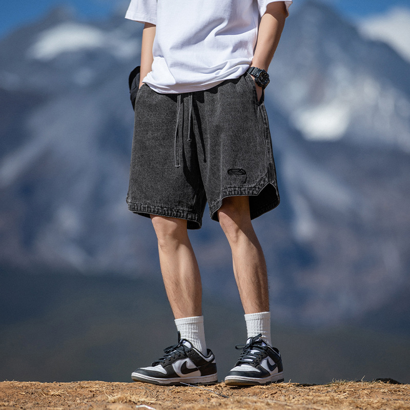 Distressed Washed Workwear Denim Shorts Men's Summer New Trendy Brand Embroidered Japanese Style Casual Loose Drawstring Five-Quarter Pants