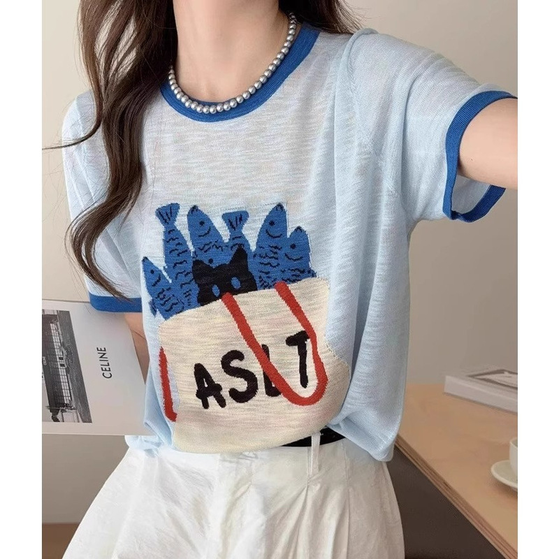 Blue Cartoon Thin Short-Sleeved T-Shirt Korean Style Super Nice Unique Beautiful Top 2025 Summer