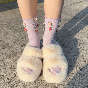 Spring and Summer Niche French Rose Handmade Flower Sweet Girl's Cream Puff Middle Tube Stacked Socks Calf Socks