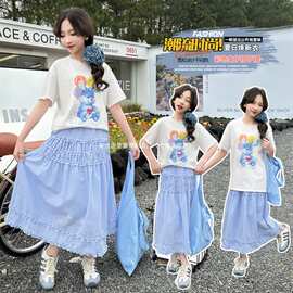 女童2026新款印花成绩单25多彩兔子套装77格子裙图片色哈休闲