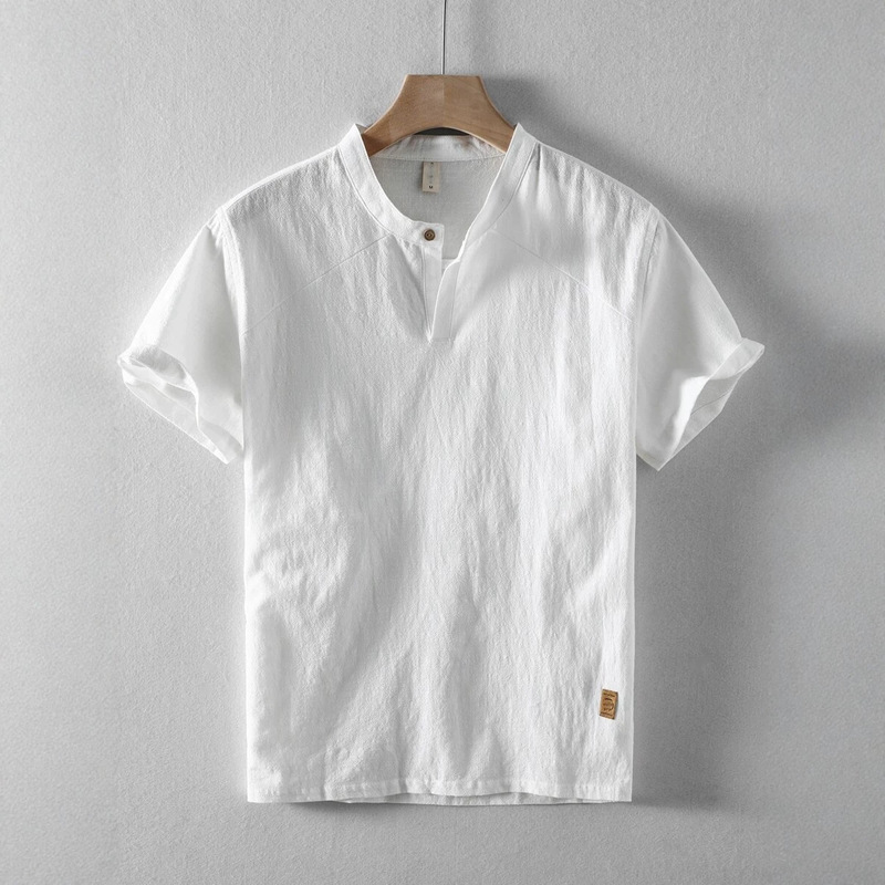 Summer Men's Linen Short-Sleeved Shirt with Stand Collar, Cotton and Linen Thin Retro Casual Pullover Loose Half-Sleeved T-Shirt Top Summer Men's Linen Short-Sleeved Shirt with Stand Collar, Cotton and Linen Thin Retro Casual Pullover Loose Half-Sleeved T-Shirt Top