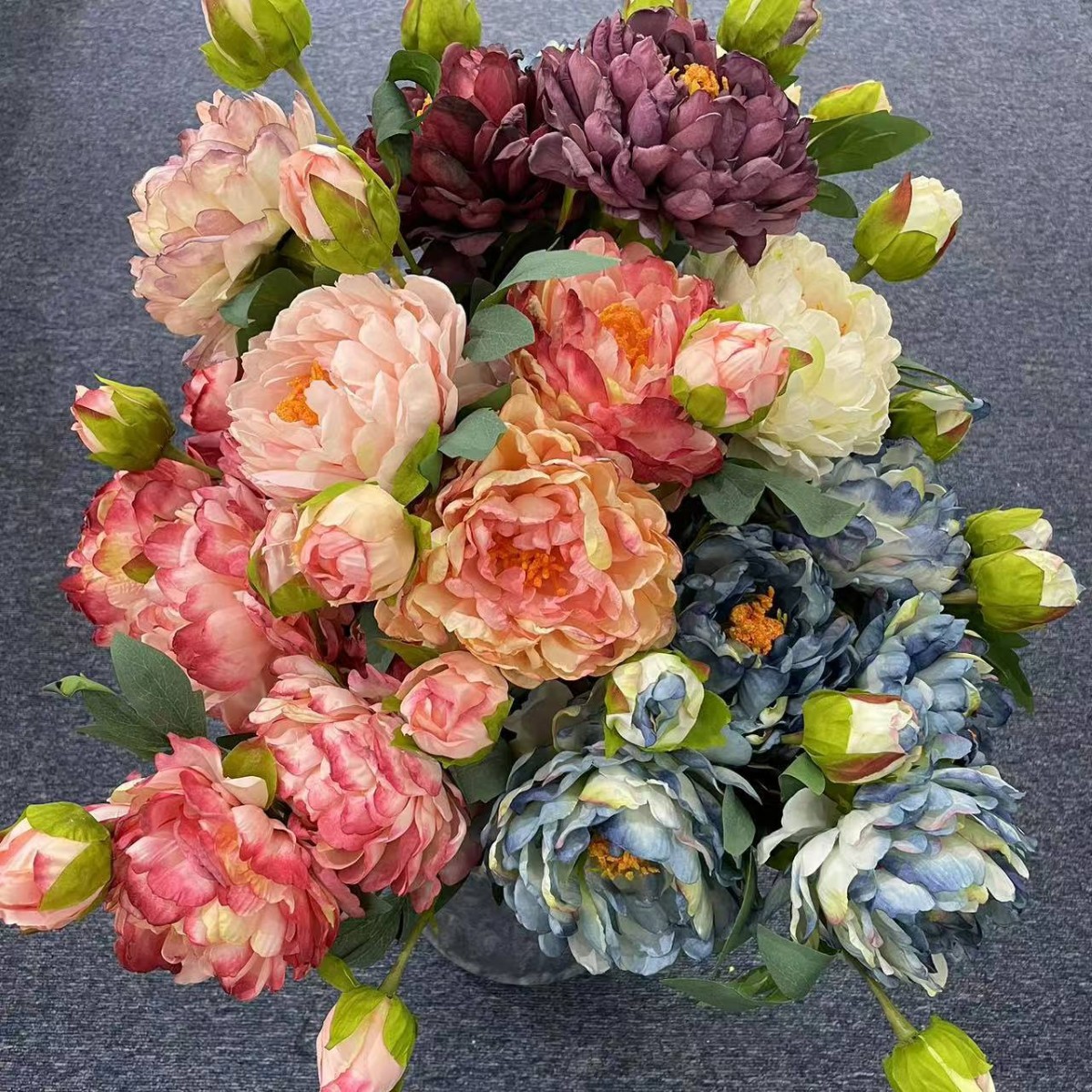Flor de peônia revestida de borda queimada estilo europeu, pintura a óleo de 2 cabeças, flor de peônia, flor de seda, flor falsa, decoração de casa, ornamento, flor de peônia